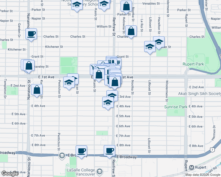 map of restaurants, bars, coffee shops, grocery stores, and more near 2888 East 2nd Avenue in Vancouver