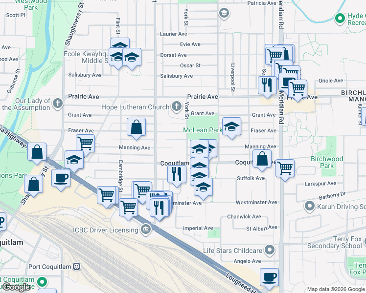 map of restaurants, bars, coffee shops, grocery stores, and more near 3055 York Street in Port Coquitlam