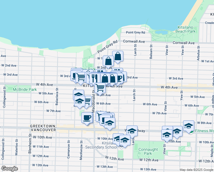 map of restaurants, bars, coffee shops, grocery stores, and more near W 4th Ave & Stephens St in Vancouver