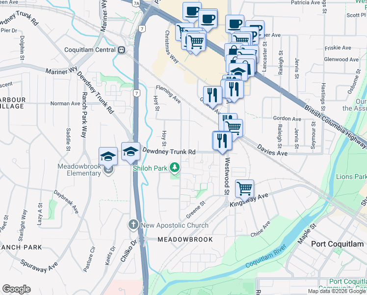 map of restaurants, bars, coffee shops, grocery stores, and more near 2999 Dewdney Trunk Road in Coquitlam