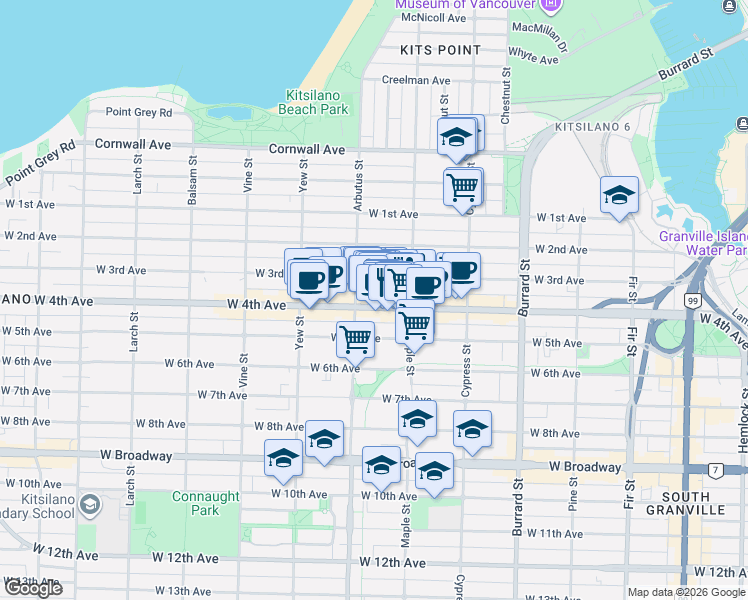 map of restaurants, bars, coffee shops, grocery stores, and more near 2065 West 4th Avenue in Vancouver