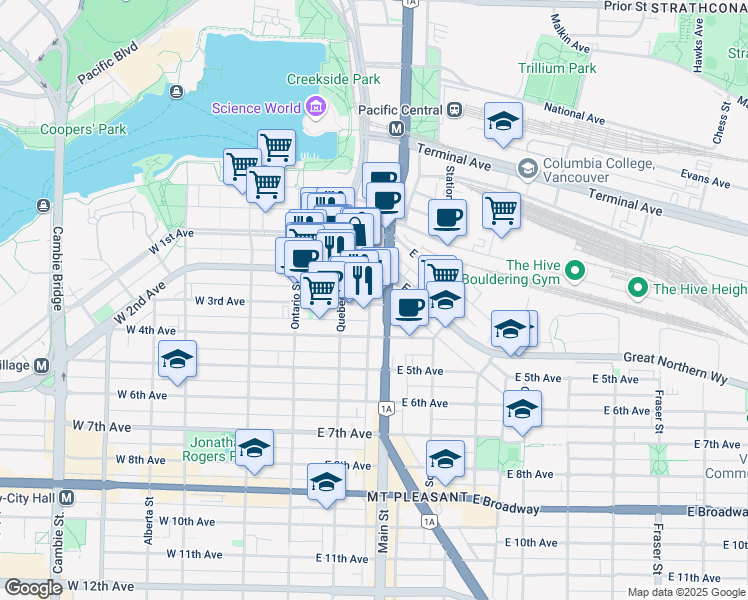 map of restaurants, bars, coffee shops, grocery stores, and more near 169 East 3rd Avenue in Vancouver