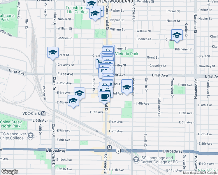 map of restaurants, bars, coffee shops, grocery stores, and more near 1818 Commercial Drive in Vancouver