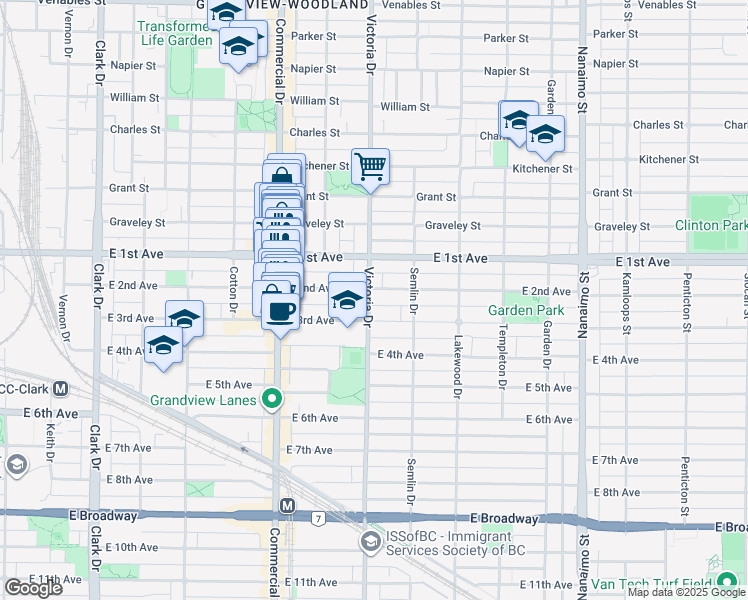 map of restaurants, bars, coffee shops, grocery stores, and more near 1820 Victoria Drive in Vancouver