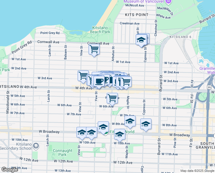 map of restaurants, bars, coffee shops, grocery stores, and more near 2139 West 4th Avenue in Vancouver