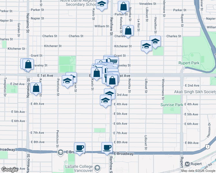 map of restaurants, bars, coffee shops, grocery stores, and more near 2888 East 2nd Avenue in Vancouver