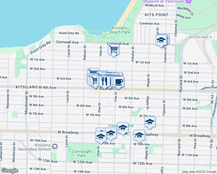 map of restaurants, bars, coffee shops, grocery stores, and more near 2211 West 4th Avenue in Vancouver