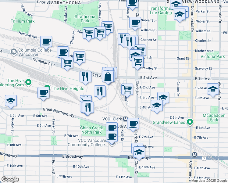map of restaurants, bars, coffee shops, grocery stores, and more near 1868 Glen Drive in Vancouver