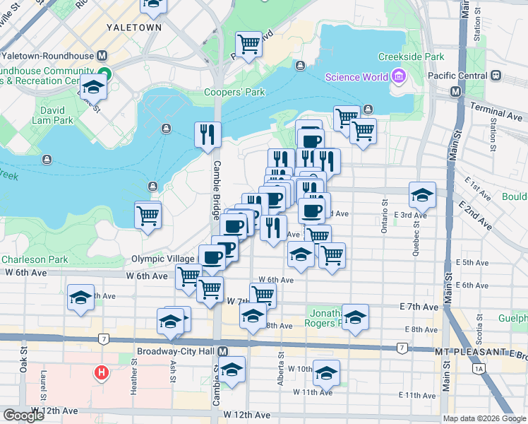 map of restaurants, bars, coffee shops, grocery stores, and more near 1887 Crowe Street in Vancouver
