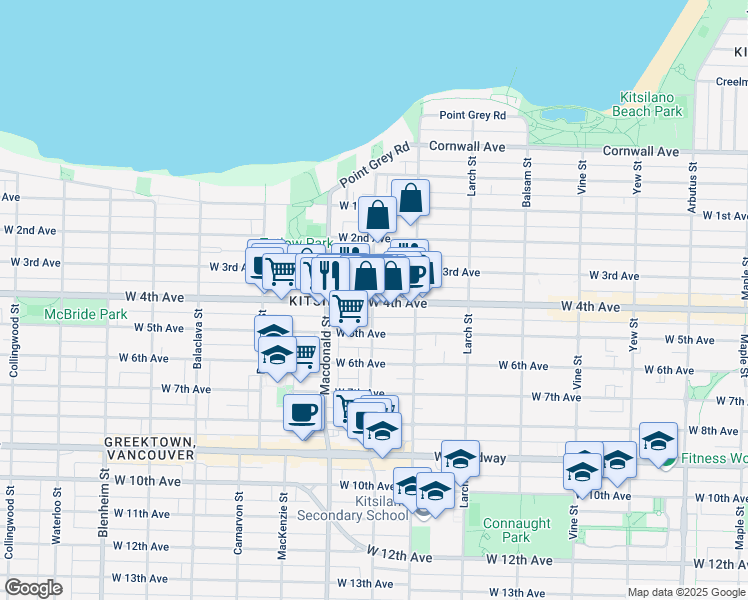 map of restaurants, bars, coffee shops, grocery stores, and more near 2025 Stephens Street in Vancouver