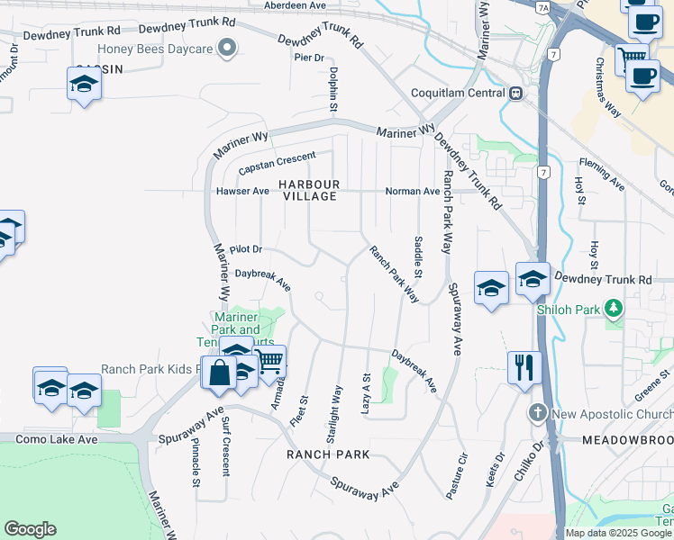 map of restaurants, bars, coffee shops, grocery stores, and more near 3100 Starlight Way in Coquitlam
