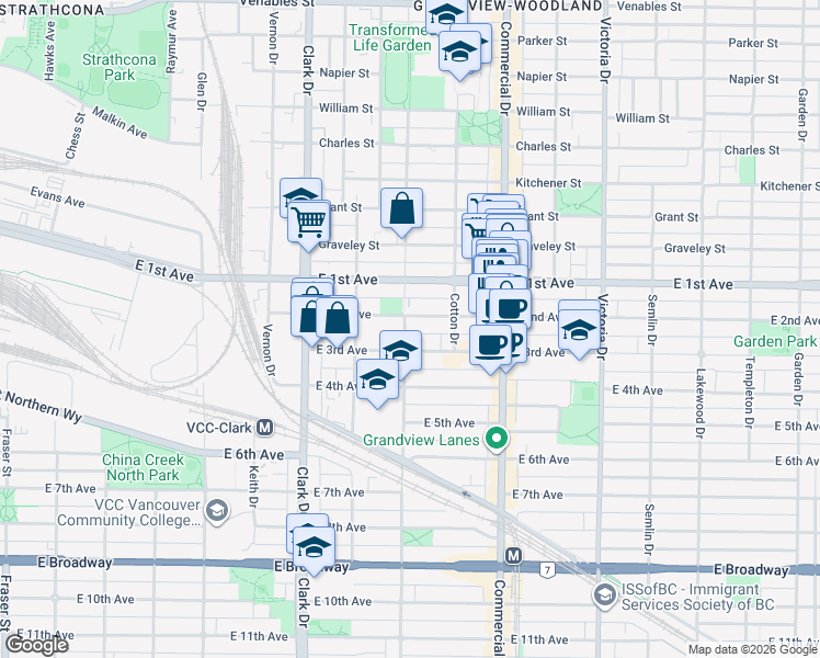 map of restaurants, bars, coffee shops, grocery stores, and more near 1820 Woodland Drive in Vancouver