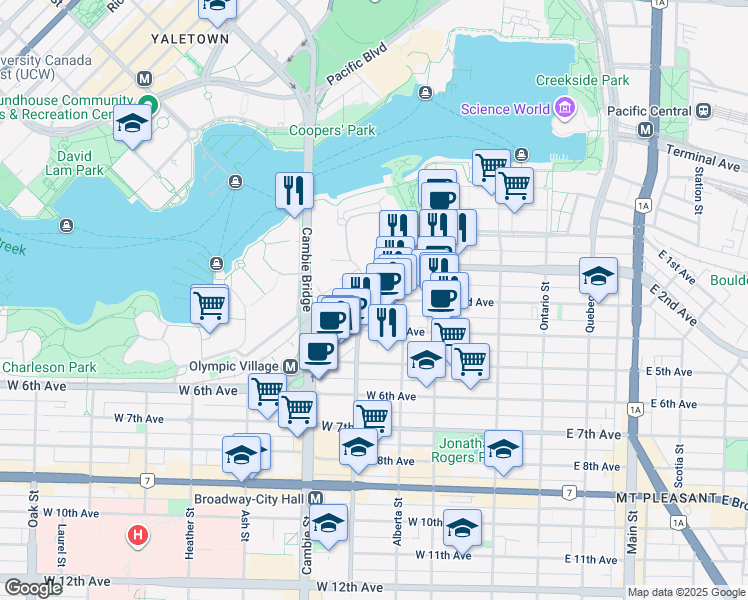 map of restaurants, bars, coffee shops, grocery stores, and more near 1887 Crowe Street in Vancouver