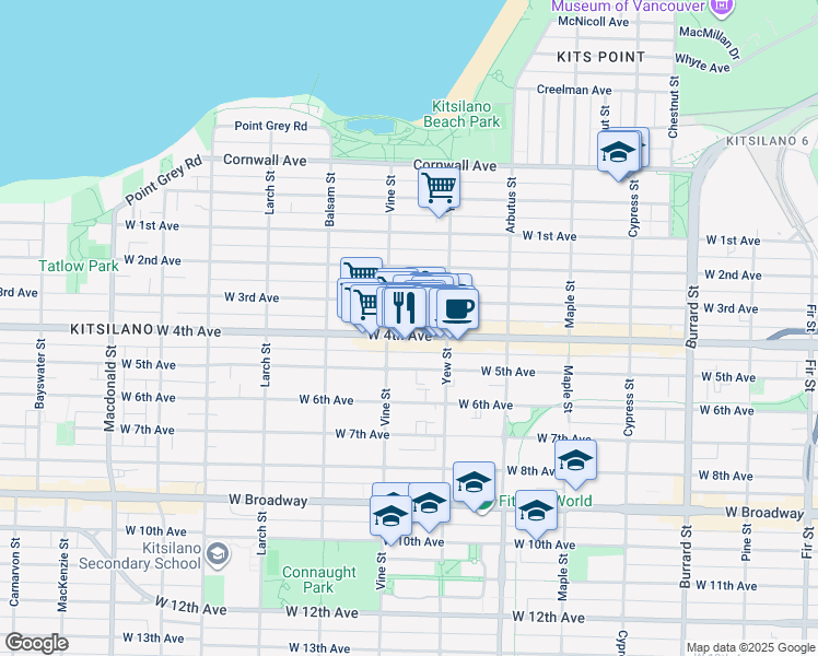 map of restaurants, bars, coffee shops, grocery stores, and more near 2255 West 4th Avenue in Vancouver