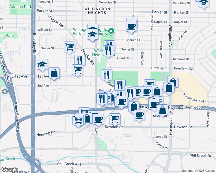 map of restaurants, bars, coffee shops, grocery stores, and more near 4189 Halifax Street in Burnaby