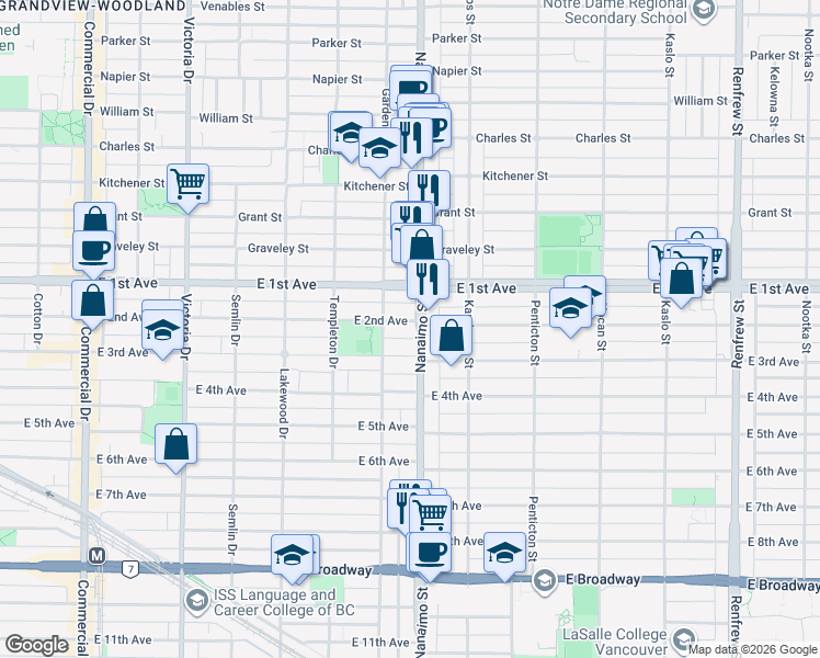 map of restaurants, bars, coffee shops, grocery stores, and more near in Vancouver