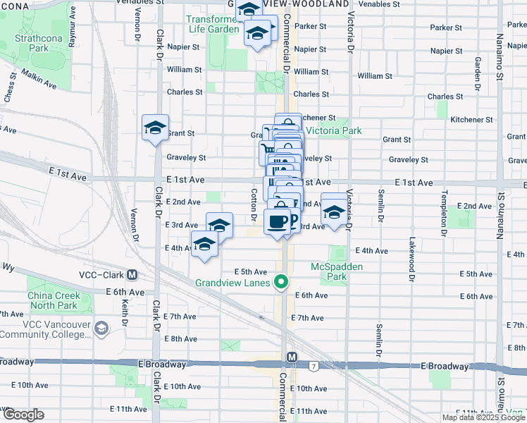 map of restaurants, bars, coffee shops, grocery stores, and more near in Vancouver