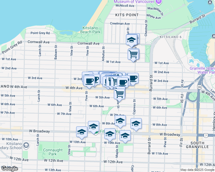 map of restaurants, bars, coffee shops, grocery stores, and more near in Vancouver