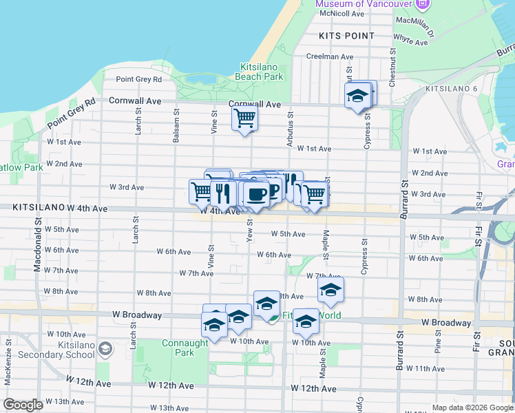map of restaurants, bars, coffee shops, grocery stores, and more near in Vancouver