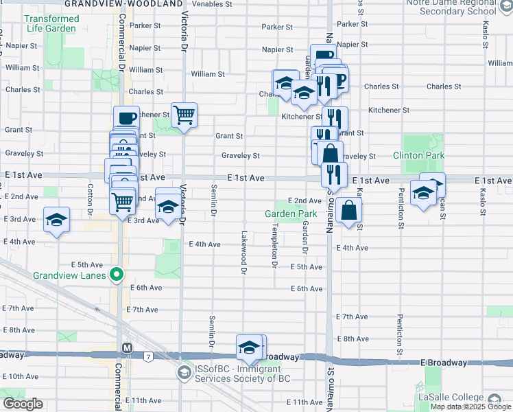 map of restaurants, bars, coffee shops, grocery stores, and more near 2130 East 2nd Avenue in Vancouver