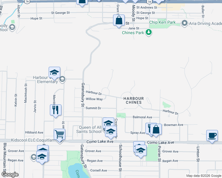 map of restaurants, bars, coffee shops, grocery stores, and more near 1381 Chine Crescent in Coquitlam