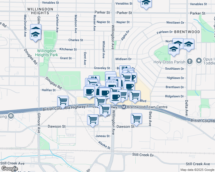map of restaurants, bars, coffee shops, grocery stores, and more near 1795 Willingdon Avenue in Burnaby