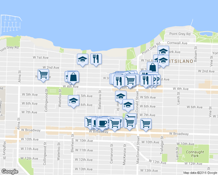 map of restaurants, bars, coffee shops, grocery stores, and more near 3018 West 4th Avenue in Vancouver