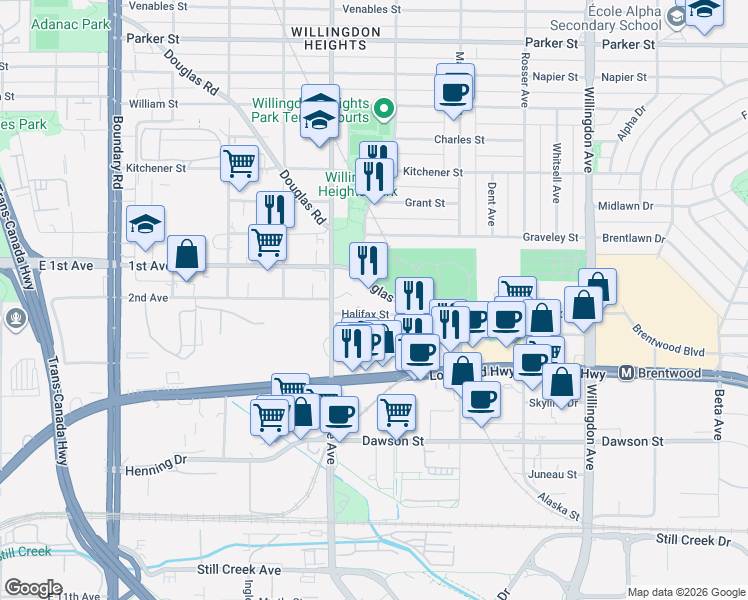 map of restaurants, bars, coffee shops, grocery stores, and more near 4189 Halifax Street in Burnaby