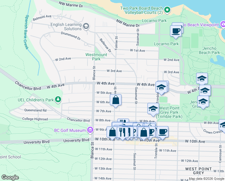 map of restaurants, bars, coffee shops, grocery stores, and more near 4603 West 5th Avenue in Vancouver