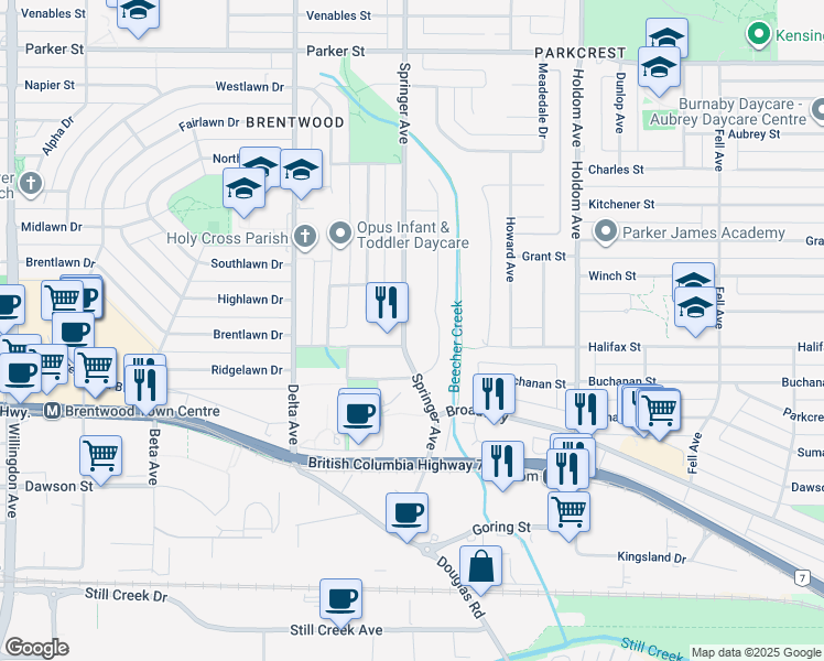 map of restaurants, bars, coffee shops, grocery stores, and more near 1780 Springer Avenue in Burnaby