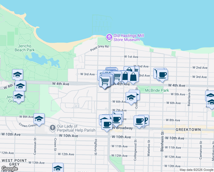 map of restaurants, bars, coffee shops, grocery stores, and more near 2083 Alma Street in Vancouver