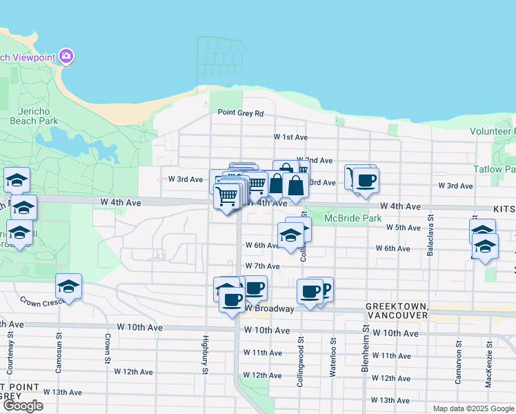 map of restaurants, bars, coffee shops, grocery stores, and more near in Vancouver