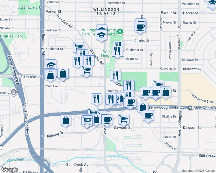 map of restaurants, bars, coffee shops, grocery stores, and more near 1788 Gilmore Avenue in Burnaby