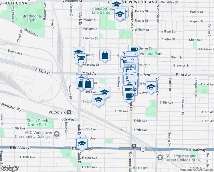 map of restaurants, bars, coffee shops, grocery stores, and more near 1820 Woodland Drive in Vancouver