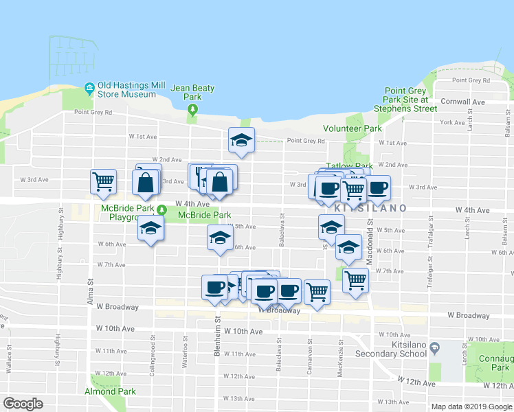 map of restaurants, bars, coffee shops, grocery stores, and more near 3150 West 4th Avenue in Vancouver