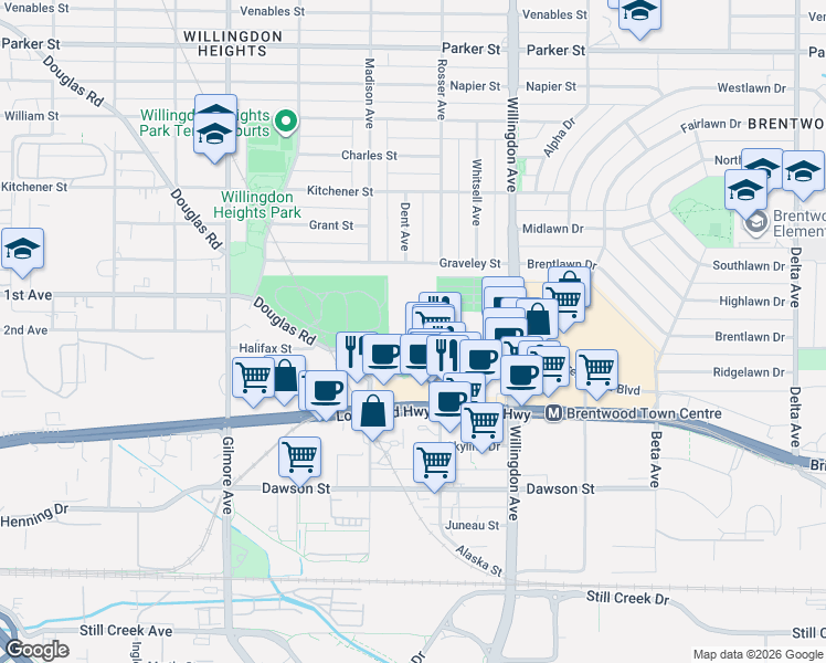 map of restaurants, bars, coffee shops, grocery stores, and more near 4353 Halifax Street in Burnaby