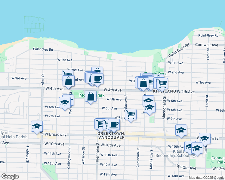 map of restaurants, bars, coffee shops, grocery stores, and more near W 4th Ave & Trutch St in Vancouver