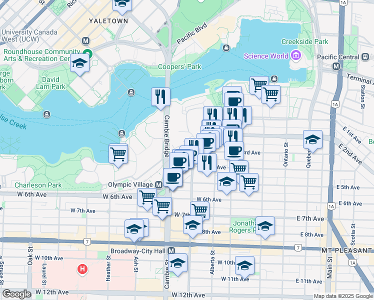 map of restaurants, bars, coffee shops, grocery stores, and more near 356 West 1st Avenue in Vancouver