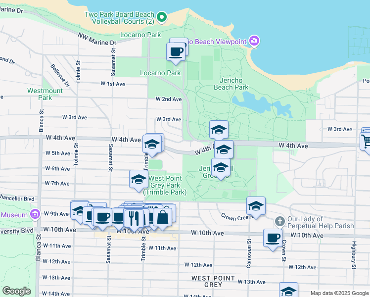 map of restaurants, bars, coffee shops, grocery stores, and more near 4290 Nautilus Close in Vancouver