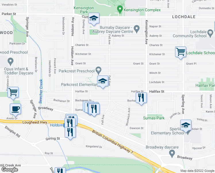 map of restaurants, bars, coffee shops, grocery stores, and more near 1735 Fell Avenue in Burnaby