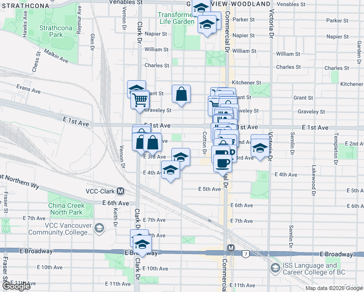 map of restaurants, bars, coffee shops, grocery stores, and more near in Vancouver