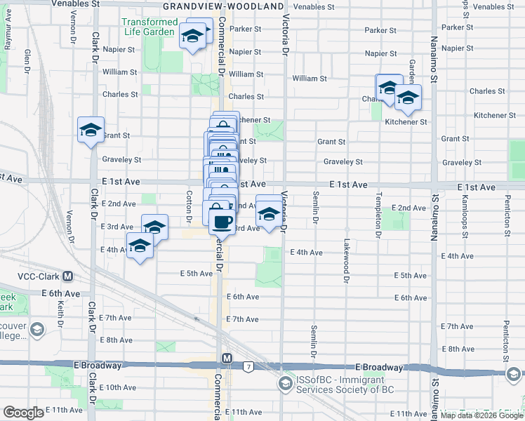 map of restaurants, bars, coffee shops, grocery stores, and more near 1826 East 2nd Avenue in Vancouver
