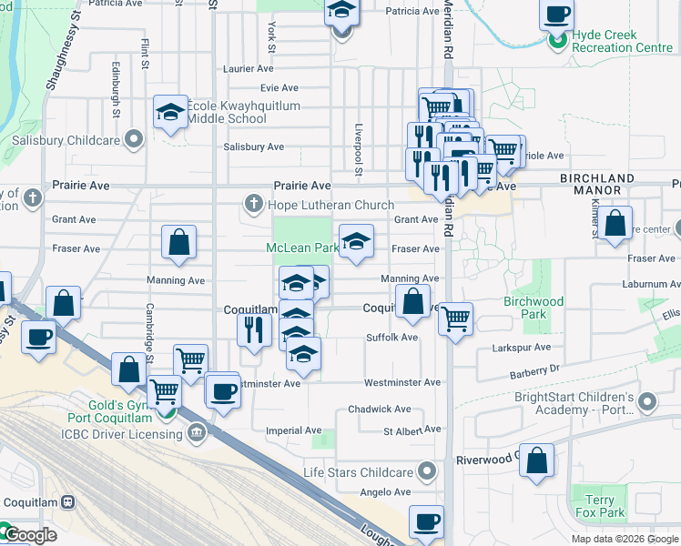 map of restaurants, bars, coffee shops, grocery stores, and more near 3062 Wellington Street in Port Coquitlam