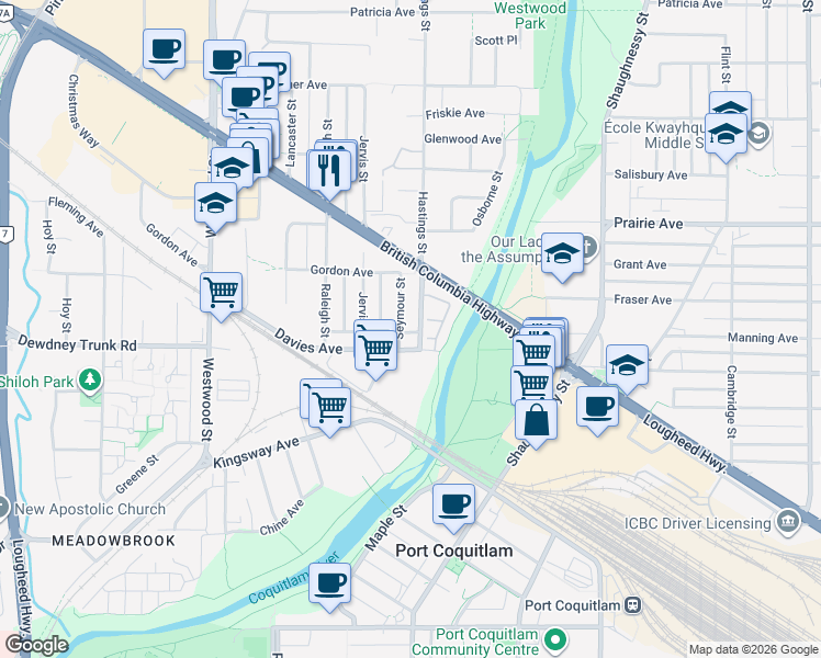 map of restaurants, bars, coffee shops, grocery stores, and more near 3123 Hastings Street in Port Coquitlam