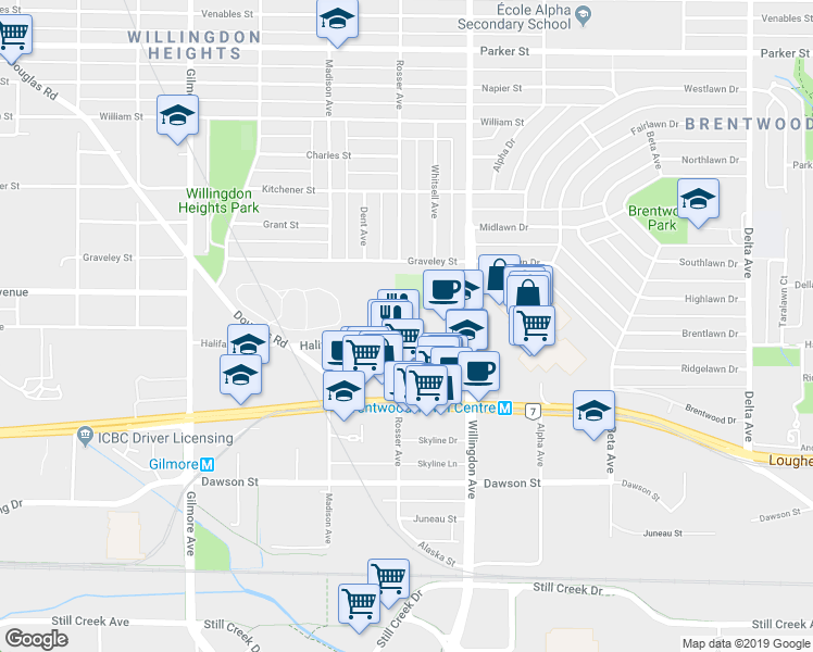 map of restaurants, bars, coffee shops, grocery stores, and more near in Burnaby