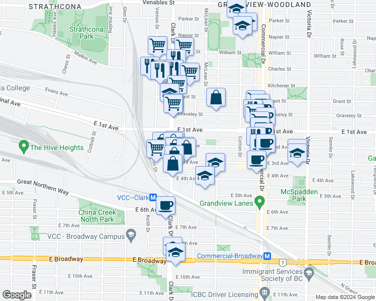 map of restaurants, bars, coffee shops, grocery stores, and more near 1840 Clark Drive in Vancouver