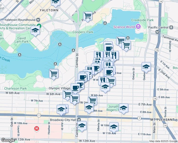 map of restaurants, bars, coffee shops, grocery stores, and more near in Vancouver