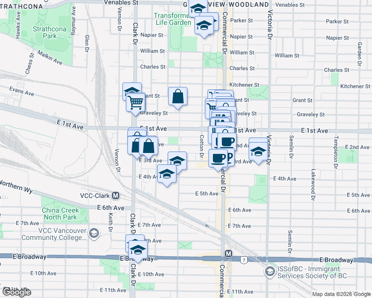 map of restaurants, bars, coffee shops, grocery stores, and more near 1522 East 2nd Avenue in Vancouver