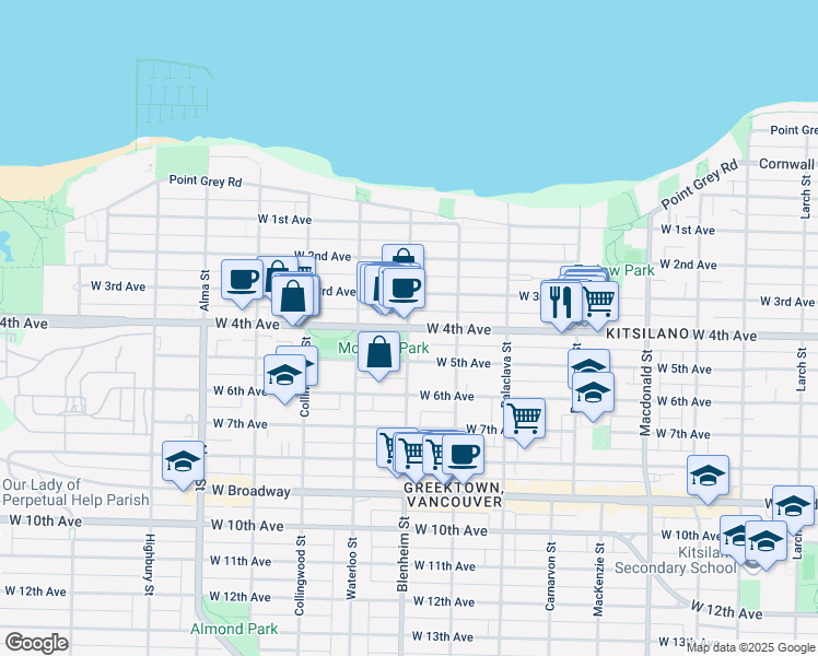 map of restaurants, bars, coffee shops, grocery stores, and more near Blenheim St & W 4th Ave in Vancouver