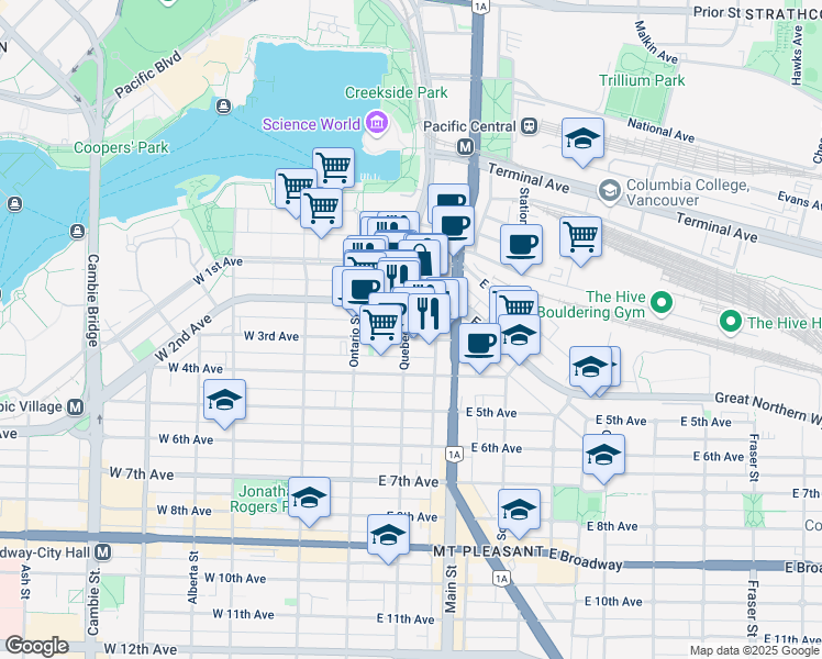 map of restaurants, bars, coffee shops, grocery stores, and more near 169 East 3rd Avenue in Vancouver